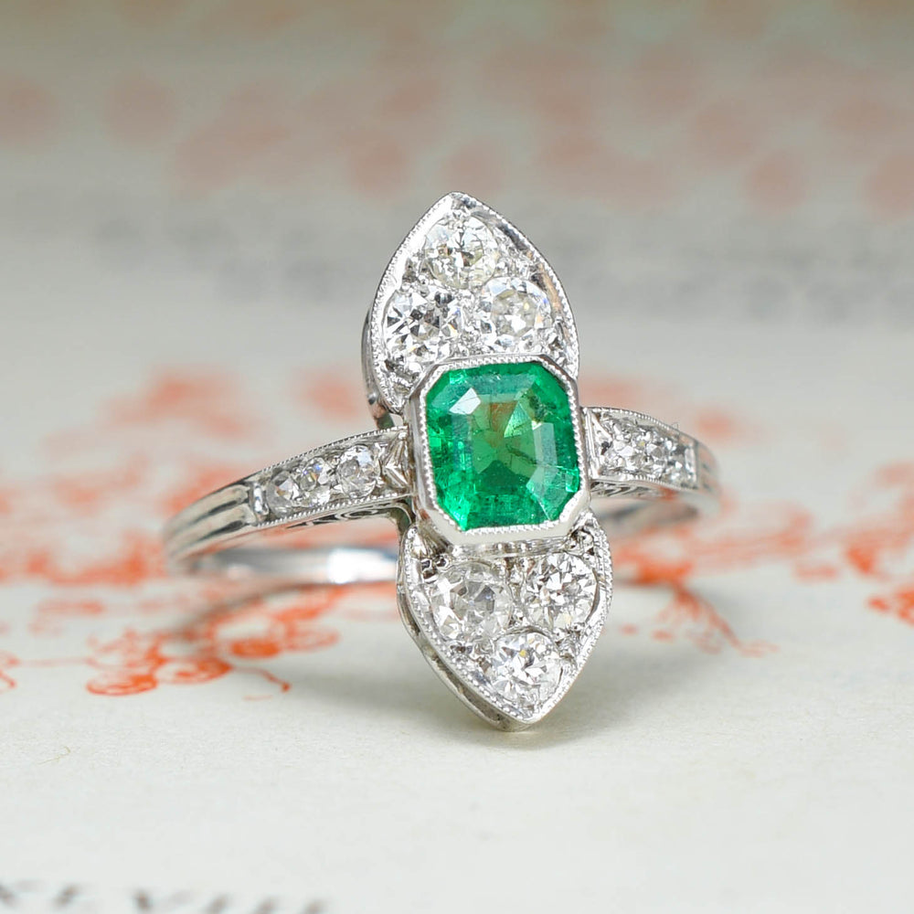 Edwardian Emerald & Diamond North/South Cluster Ring