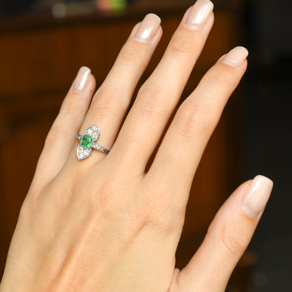 Edwardian Emerald & Diamond North/South Cluster Ring