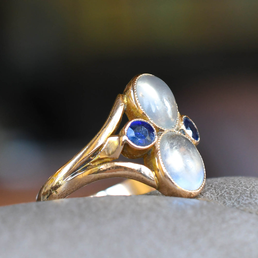 Arts & Crafts Moonstone & Sapphire Cluster Ring