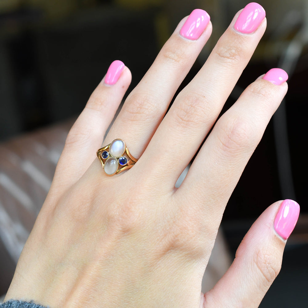 Arts & Crafts Moonstone & Sapphire Cluster Ring