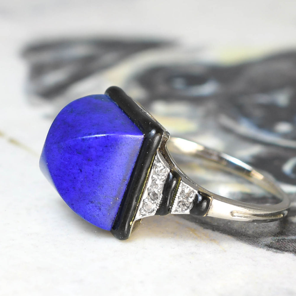 French Art Deco Sugarloaf Lapis Lazuli, Diamond & Enamel Ring