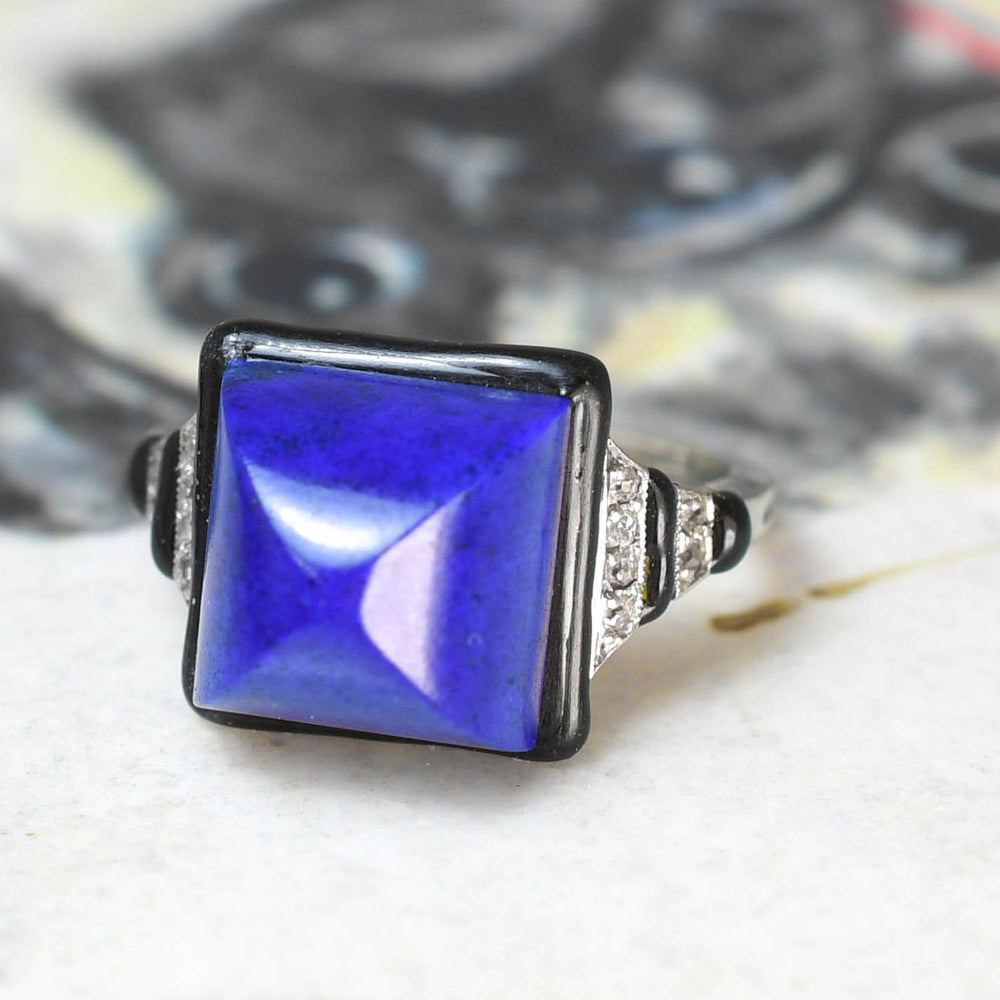 French Art Deco Sugarloaf Lapis Lazuli, Diamond & Enamel Ring