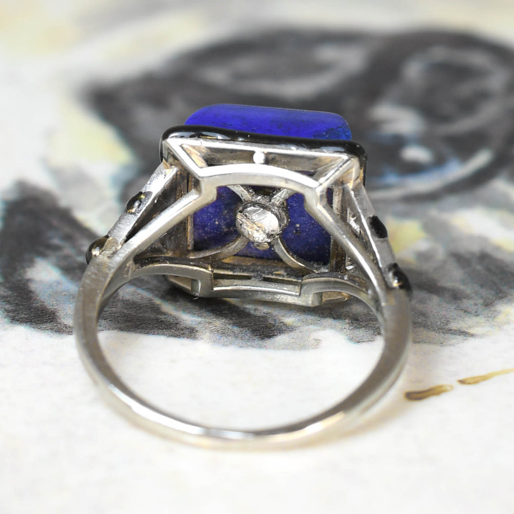 French Art Deco Sugarloaf Lapis Lazuli, Diamond & Enamel Ring