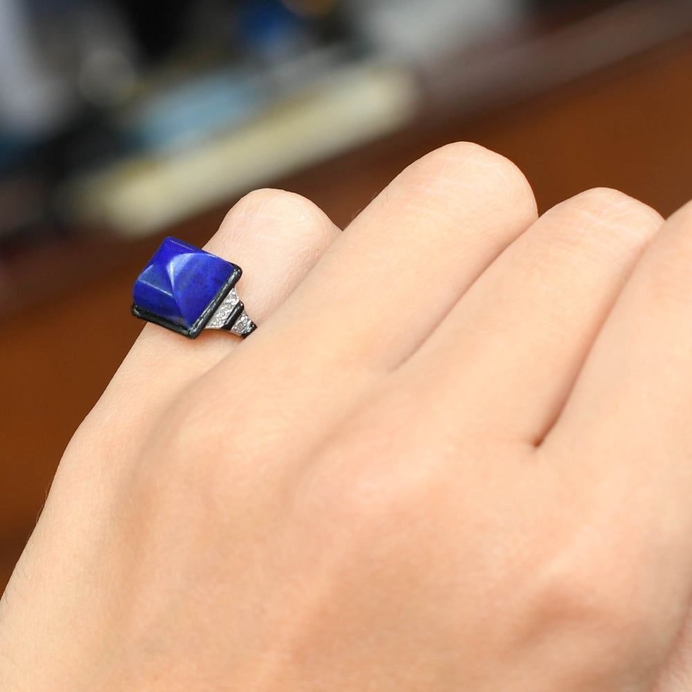 French Art Deco Sugarloaf Lapis Lazuli, Diamond & Enamel Ring