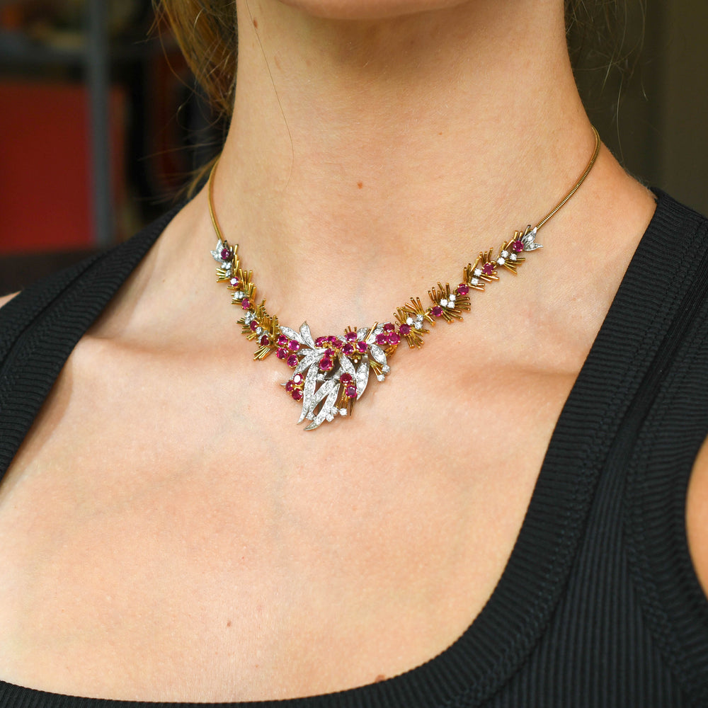 Vintage Boxed Burma Ruby & Diamond Floral Spray Necklace