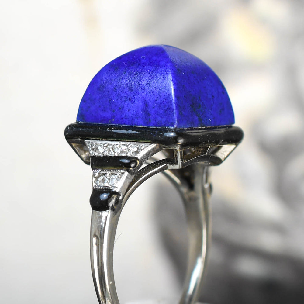 French Art Deco Sugarloaf Lapis Lazuli, Diamond & Enamel Ring