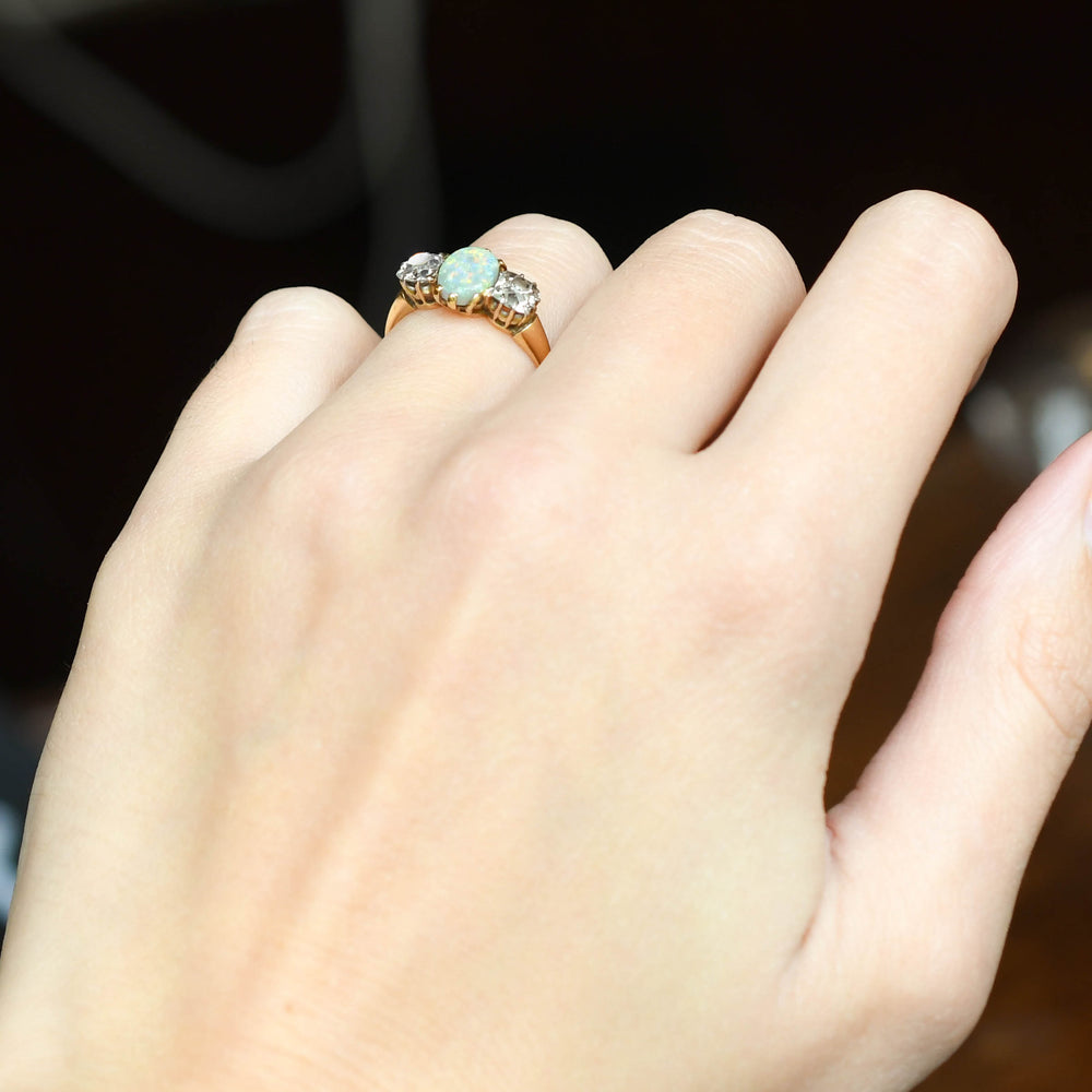 1930's Opal & Cushion Cut Diamond Trilogy Ring