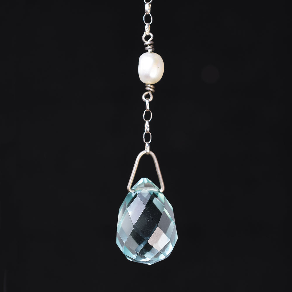 Art Deco Silver 15ct Briolette Aquamarine & Pearl Pendant