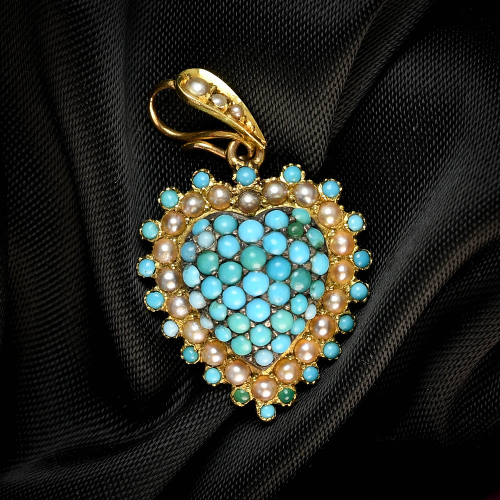 Edwardian Turquoise & Pearl Heart Locket Pendant