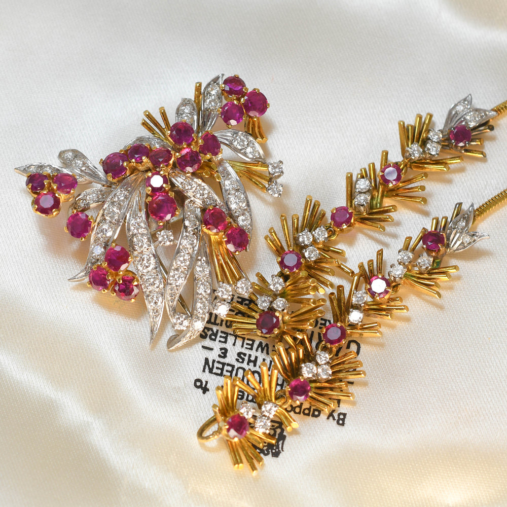 Vintage Boxed Burma Ruby & Diamond Floral Spray Necklace