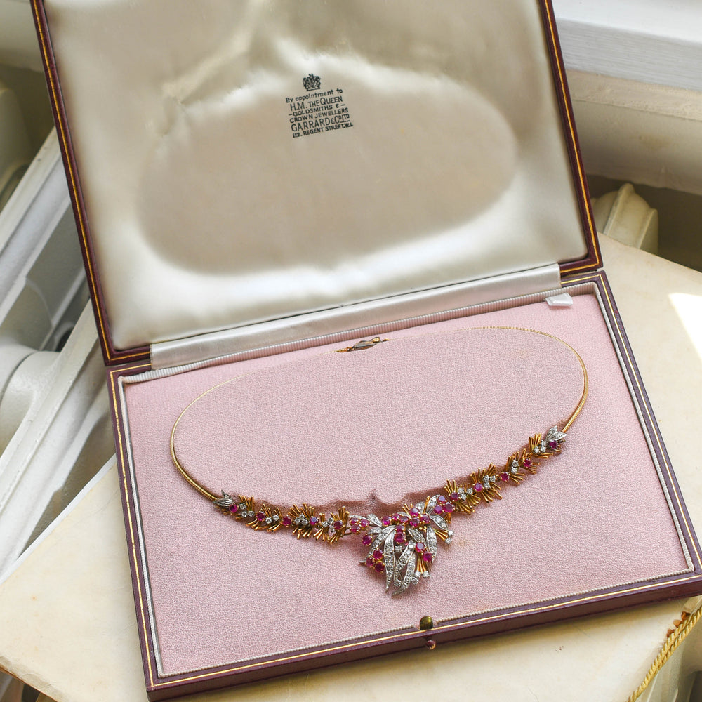 Vintage Boxed Burma Ruby & Diamond Floral Spray Necklace