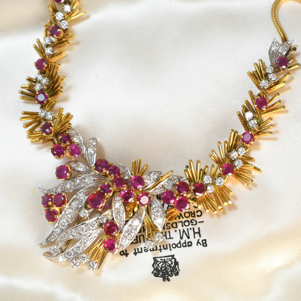 Vintage Boxed Burma Ruby & Diamond Floral Spray Necklace