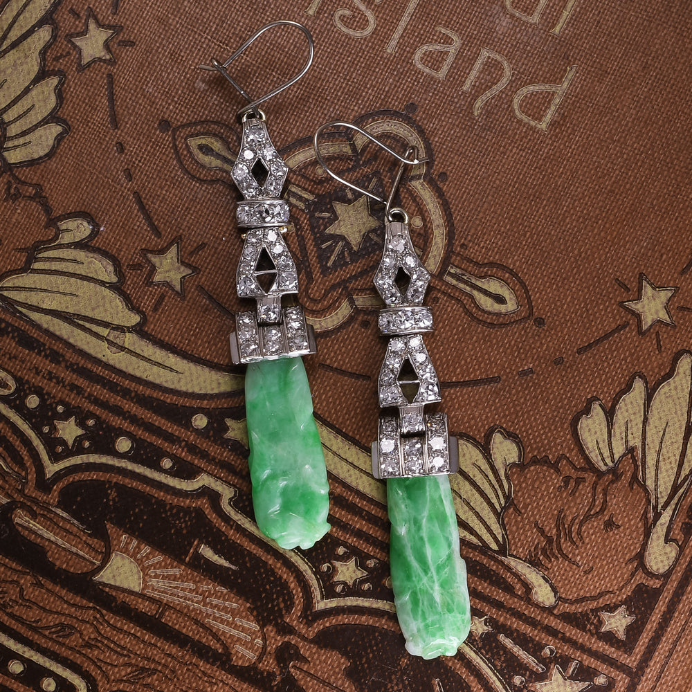 Art Deco Diamond & Jade Panel Earrings