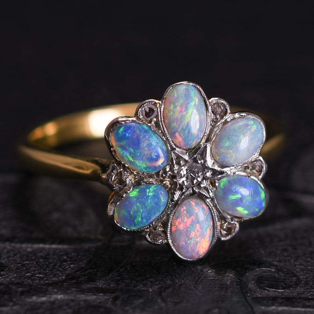 Art Deco Opal & Diamond Flower Cluster Ring