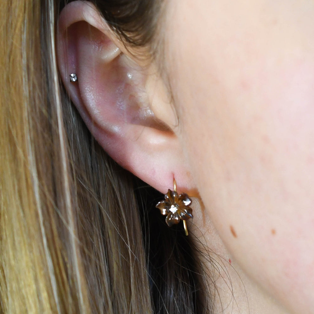 Late Victorian Carved Citrine & Diamond Flower Earrings