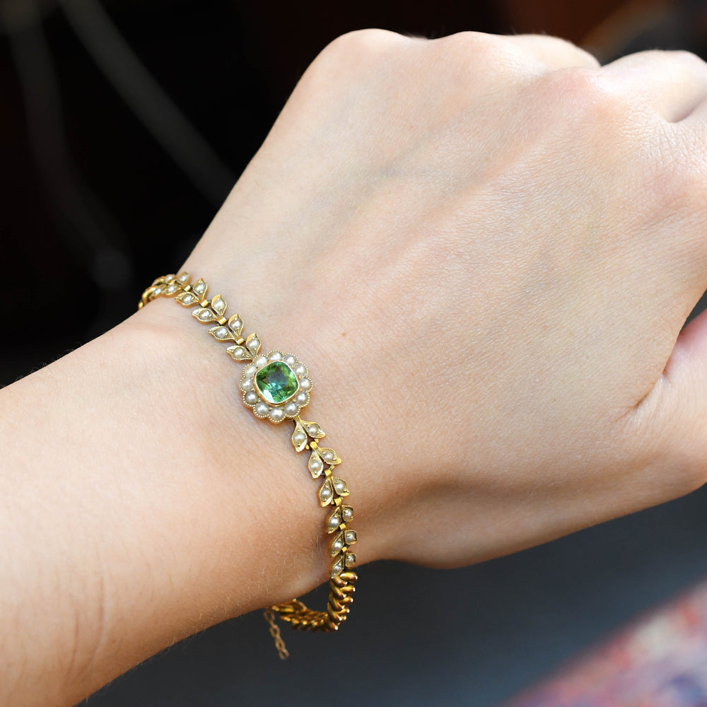 Edwardian Tourmaline & Pearl Flower Cluster Chain Bracelet