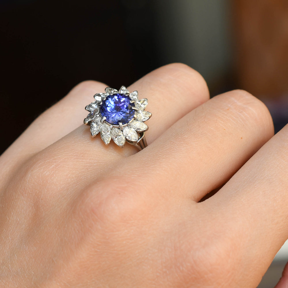 Vintage 2.23ct Tanzanite & Diamond Flower Cluster Ring