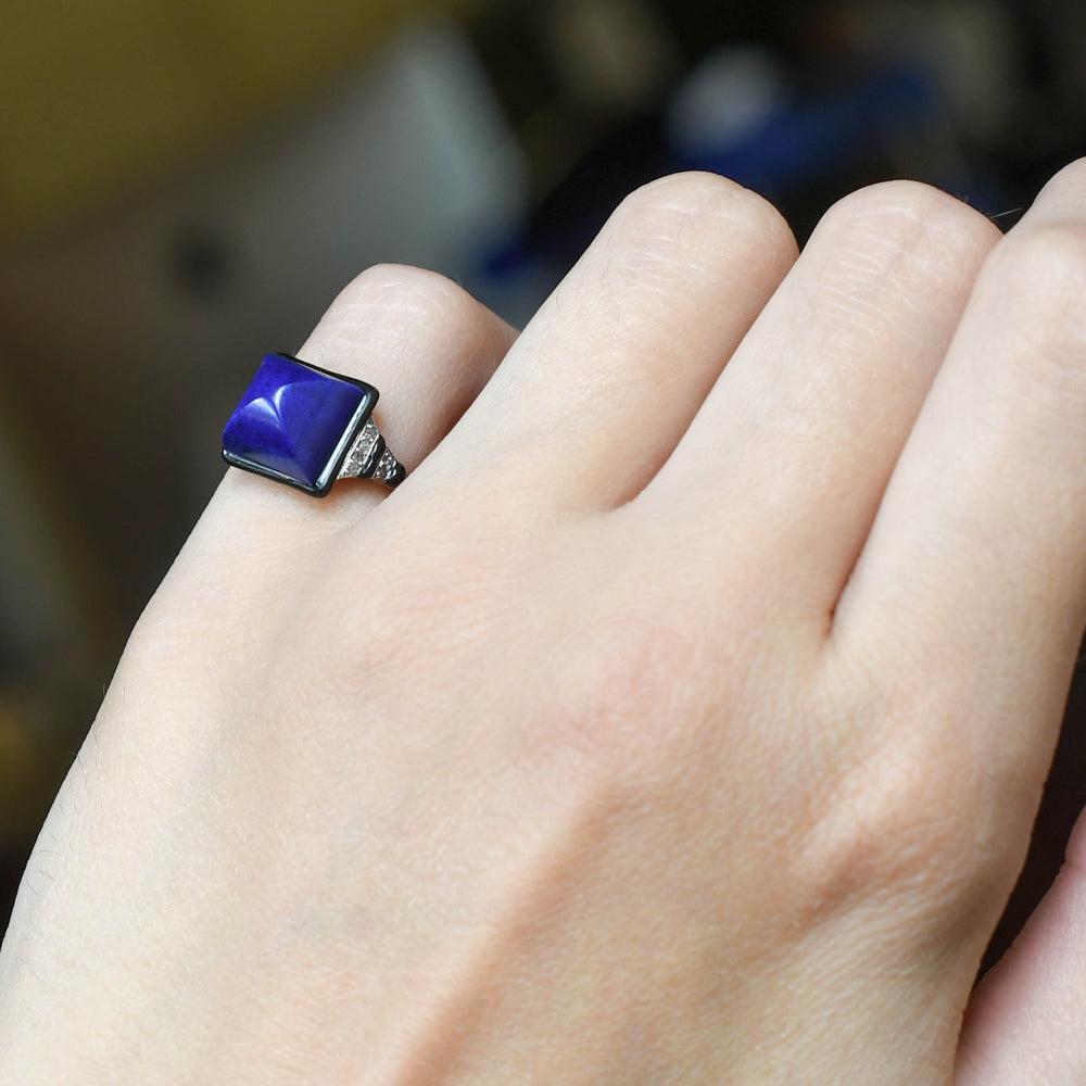 French Art Deco Sugarloaf Lapis Lazuli, Diamond & Enamel Ring