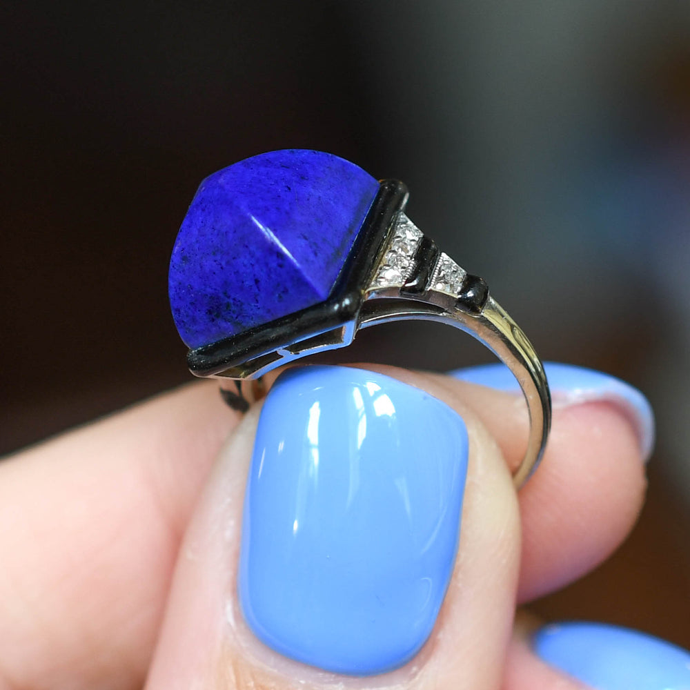 French Art Deco Sugarloaf Lapis Lazuli, Diamond & Enamel Ring