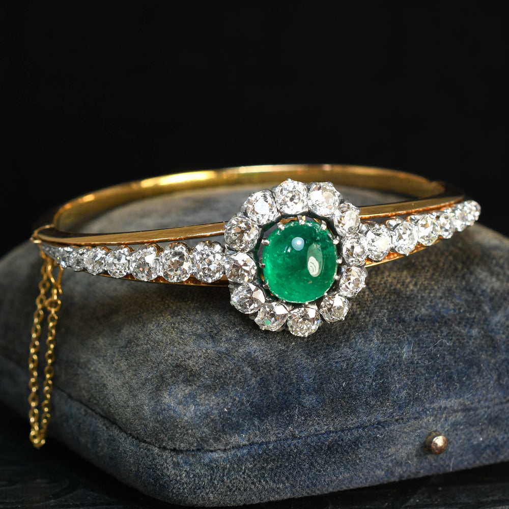 Victorian Emerald Cabochon & Diamond Cluster Bangle