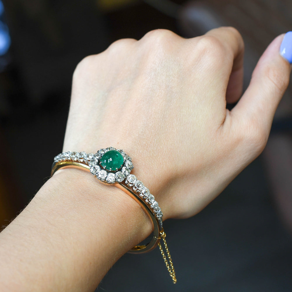 Victorian Emerald Cabochon & Diamond Cluster Bangle