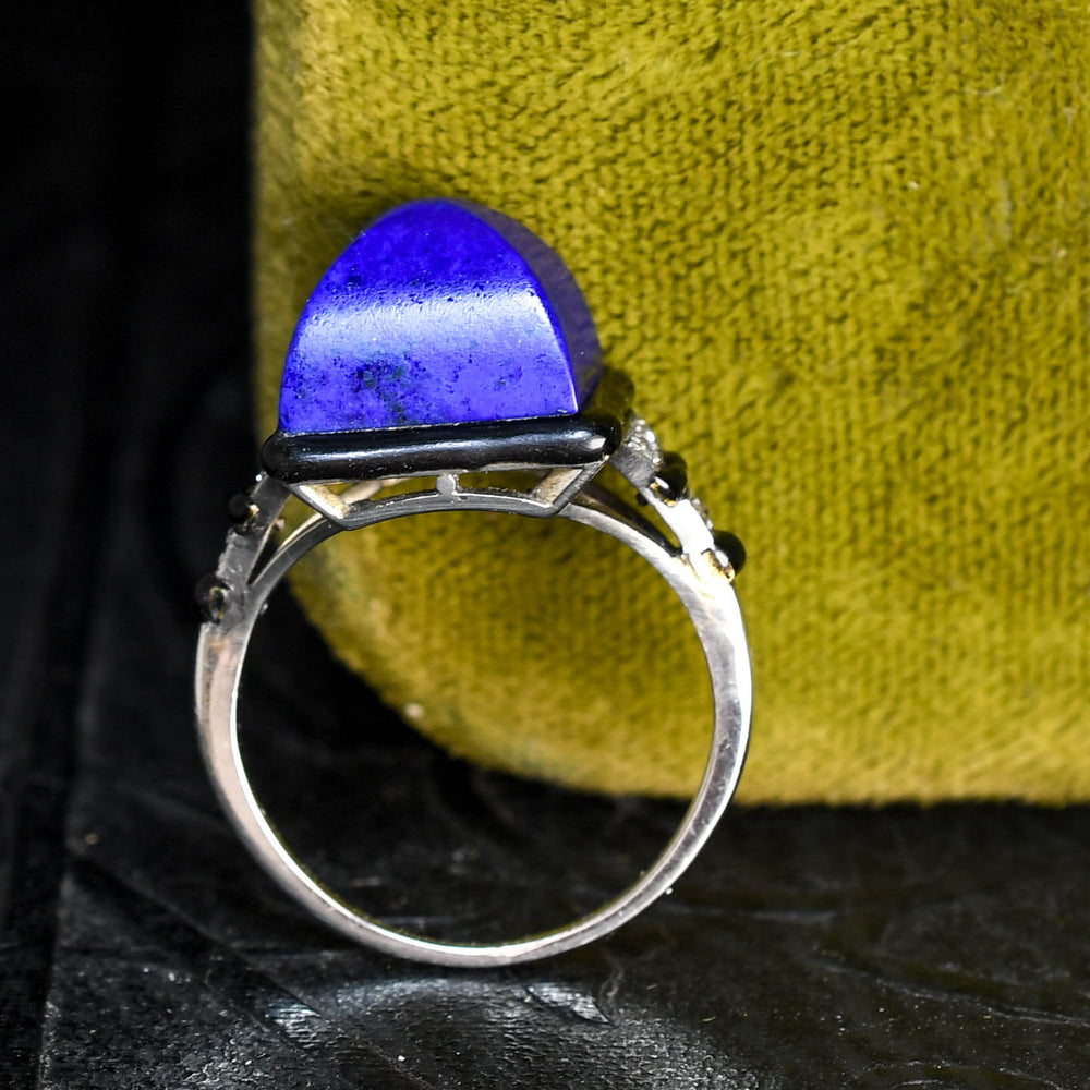 French Art Deco Sugarloaf Lapis Lazuli, Diamond & Enamel Ring