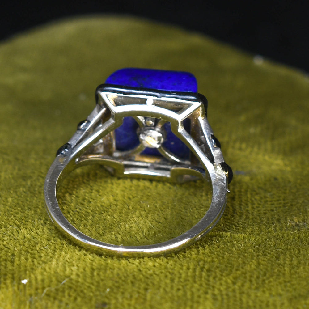 French Art Deco Sugarloaf Lapis Lazuli, Diamond & Enamel Ring