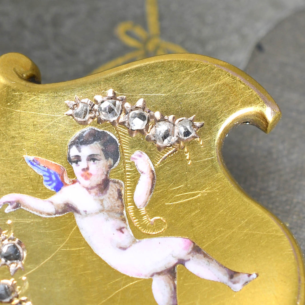Victorian Rose Cut Diamond & Enamel Cherub Brooch