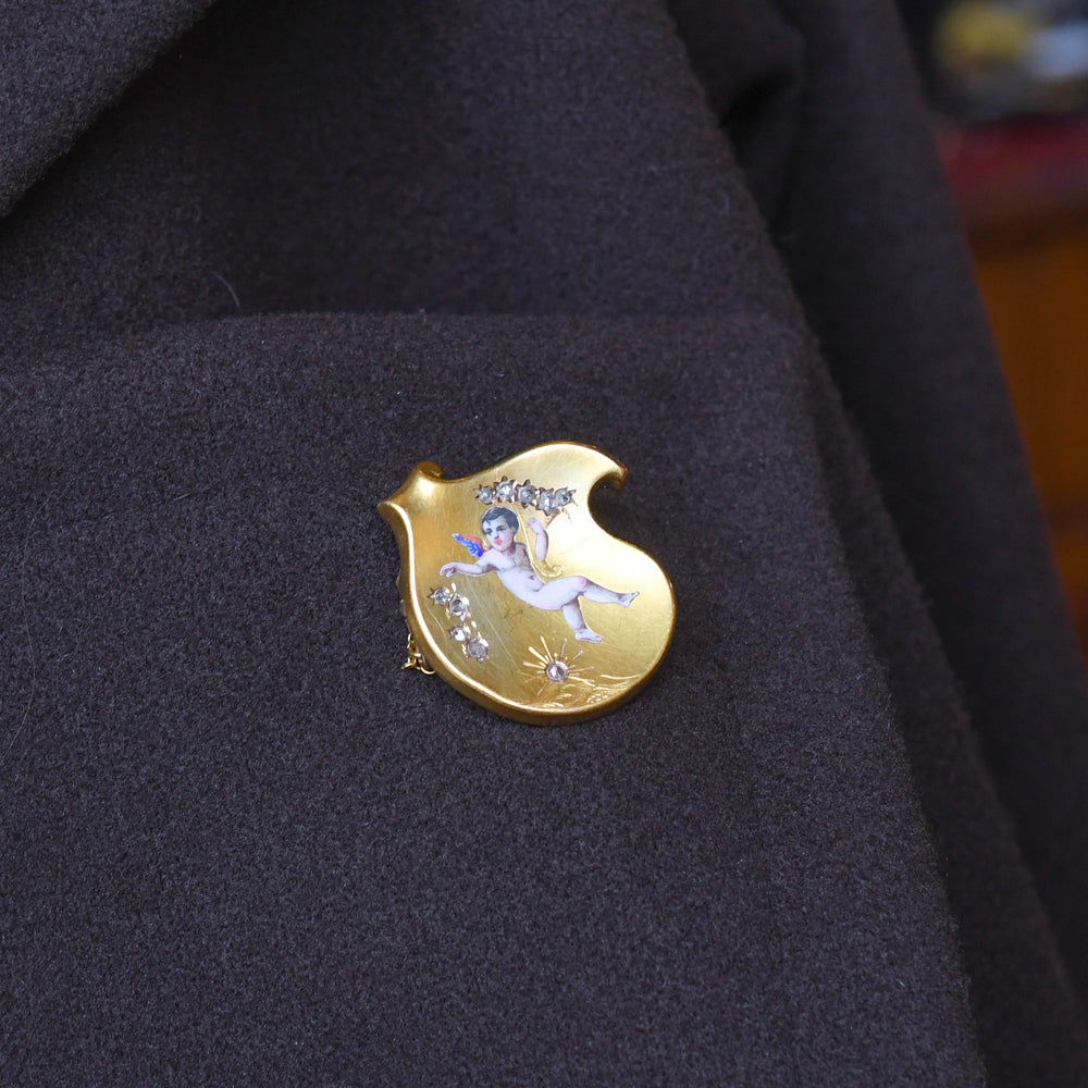 Victorian Rose Cut Diamond & Enamel Cherub Brooch