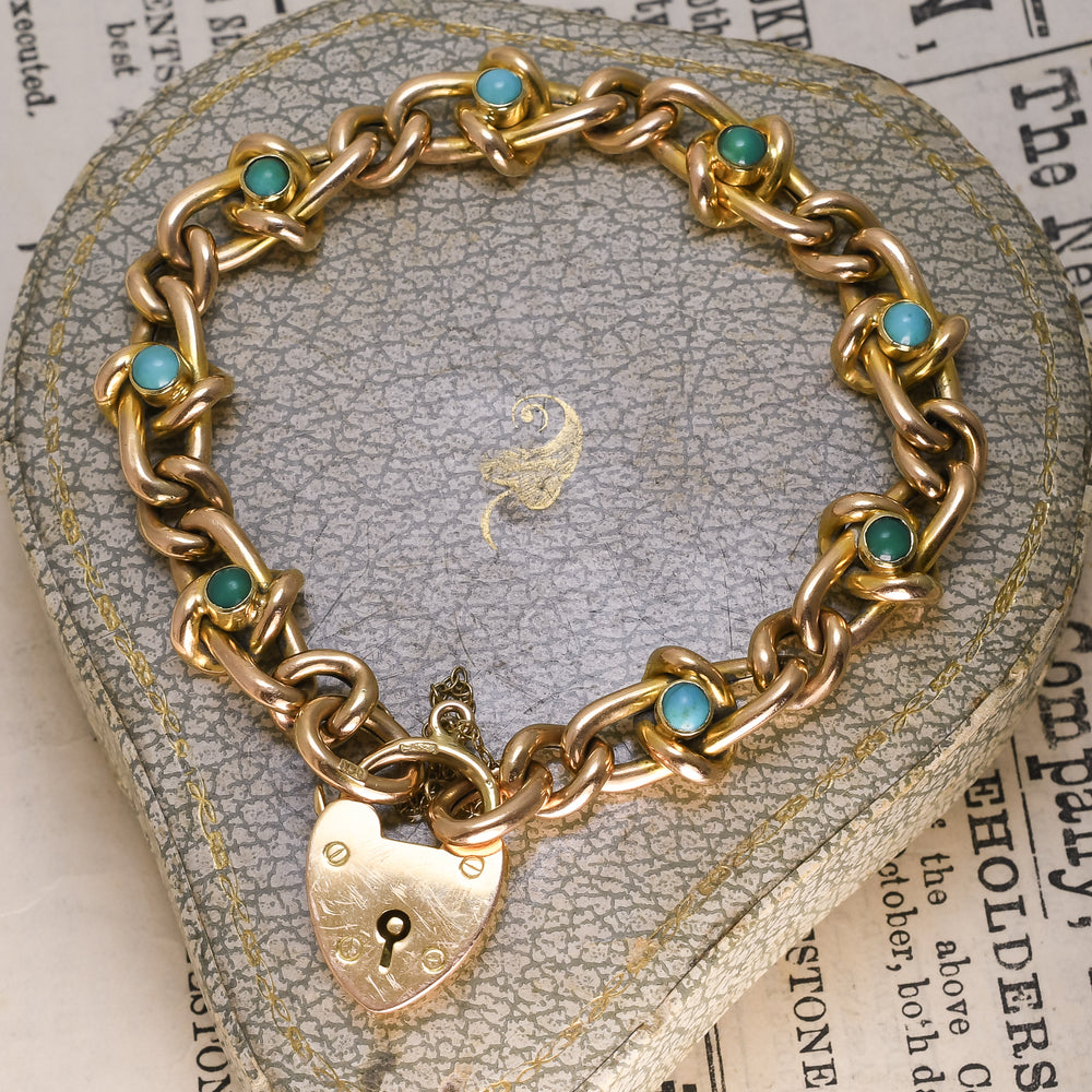 Edwardian Turquoise Curb-Link Heart Padlock Bracelet