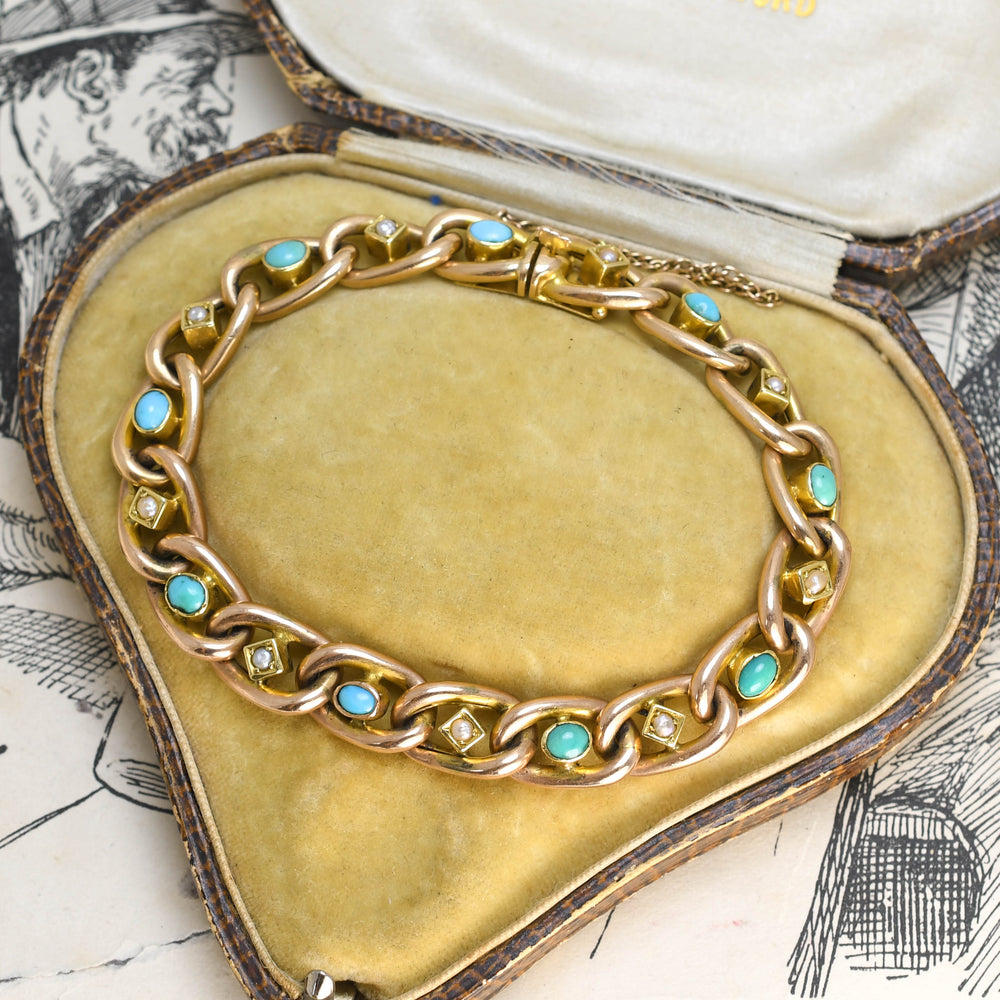Edwardian Turquoise & Pearl 15k Curb-Link Bracelet