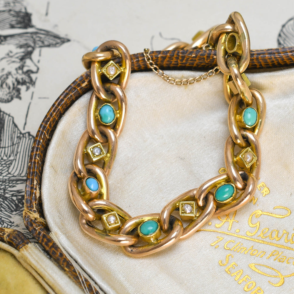 Edwardian Turquoise & Pearl 15k Curb-Link Bracelet