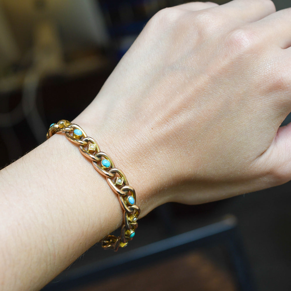 Edwardian Turquoise & Pearl 15k Curb-Link Bracelet
