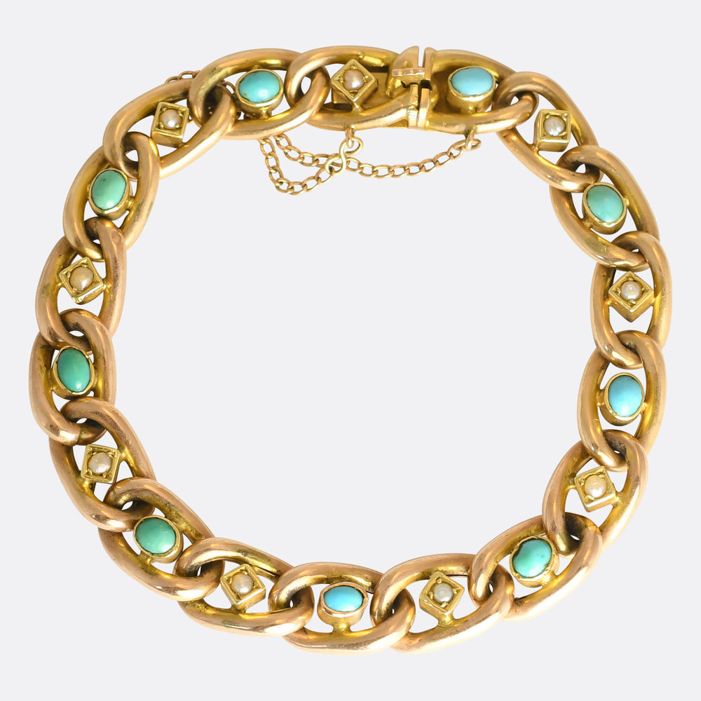 Edwardian Turquoise & Pearl 15k Curb-Link Bracelet