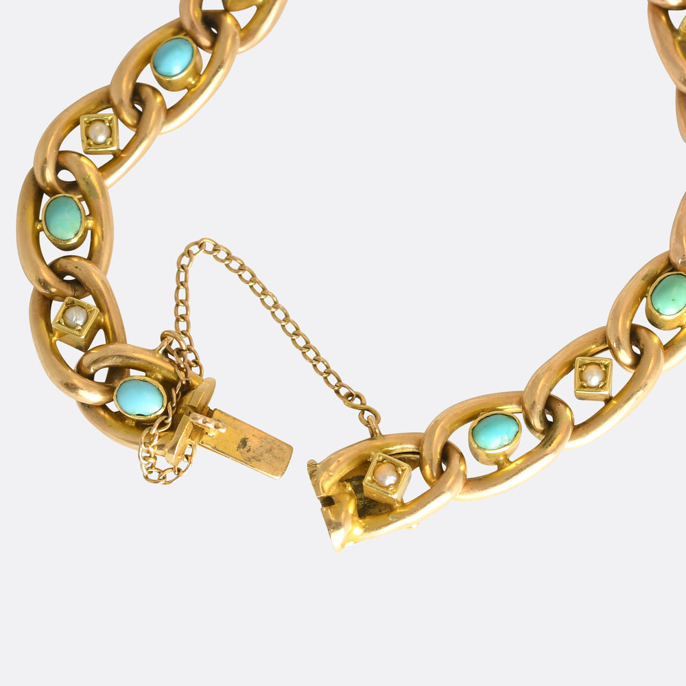 Edwardian Turquoise & Pearl 15k Curb-Link Bracelet