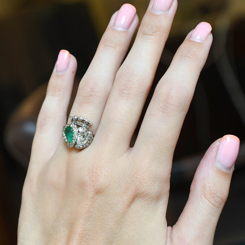 Exceptional Antique Emerald & Diamond Double Heart Ring