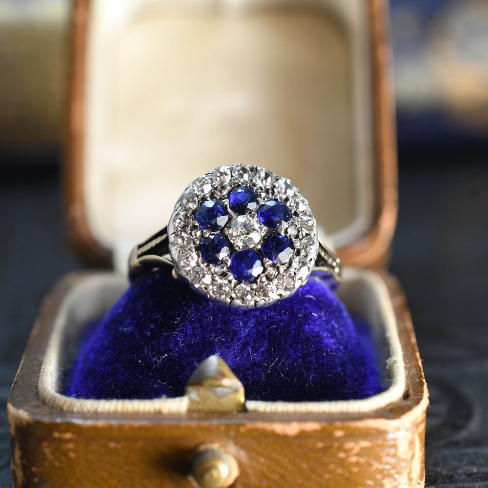 Edwardian diamond sapphire cobblestone flower cluster ring c1910