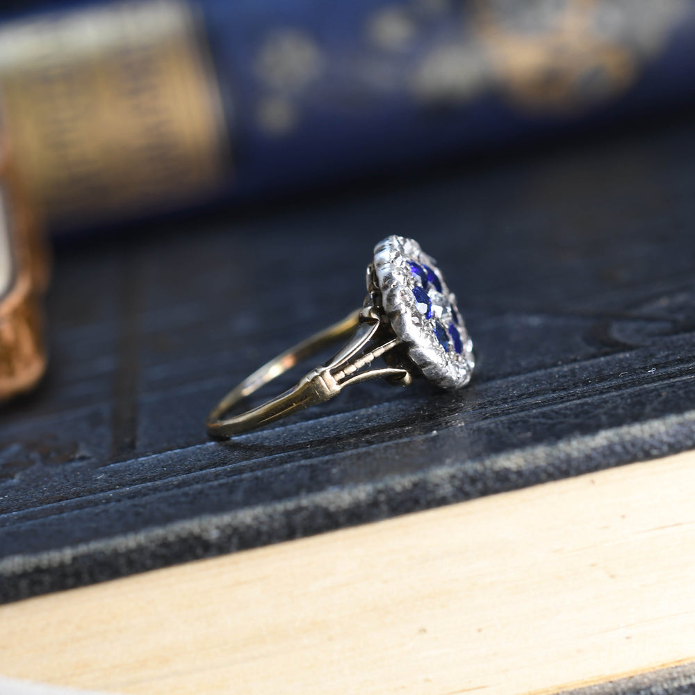 Edwardian diamond sapphire cobblestone flower cluster ring c1910