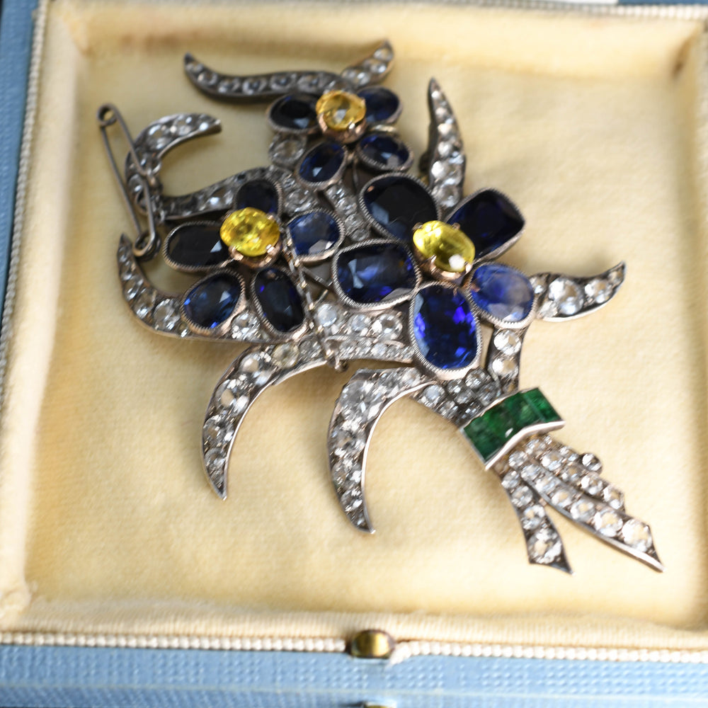 Antique multi sapphire flower spray brooch. c1900