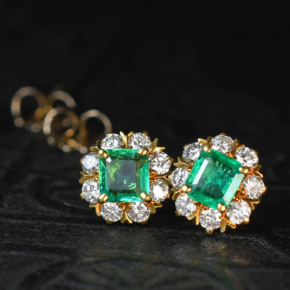 1920's Colombian Emerald & Diamond Cluster Stud Earrings