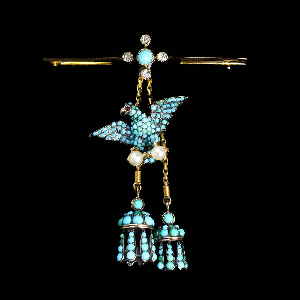 Victorian Pavé Turquoise, Pearl & Diamond Eagle Tassel Brooch
