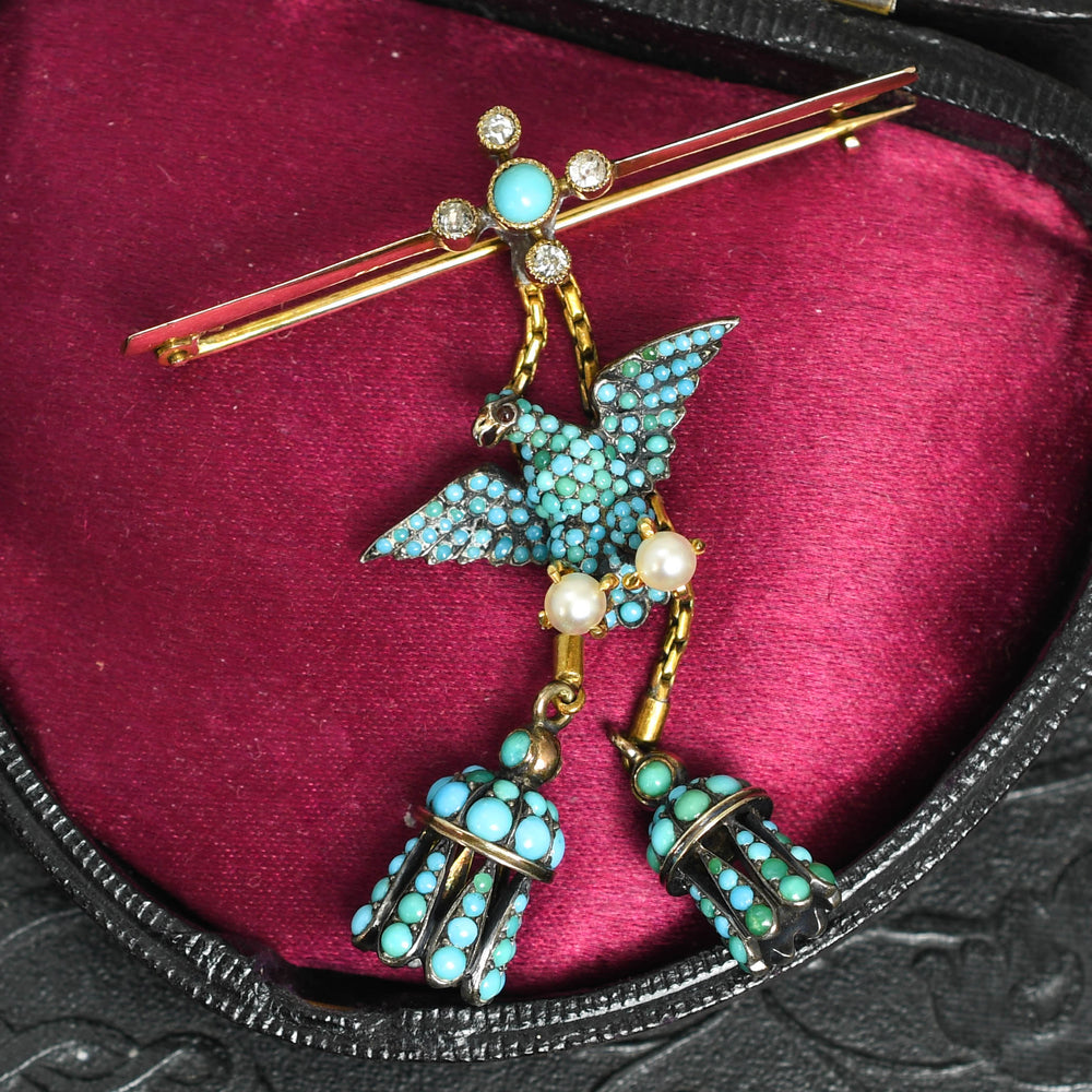 Victorian Pavé Turquoise, Pearl & Diamond Eagle Tassel Brooch