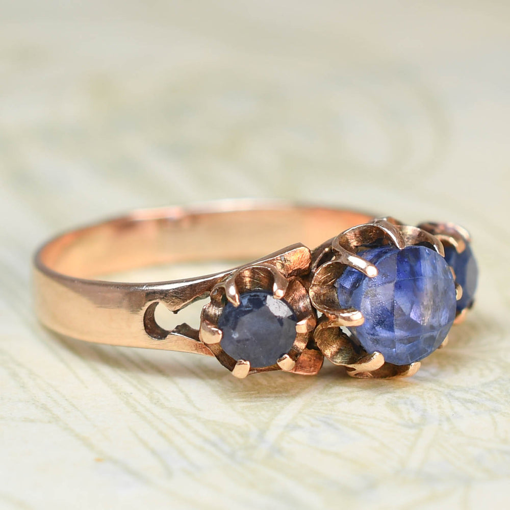 Vintage Blue Spinel 3-Stone Rose Gold Ring