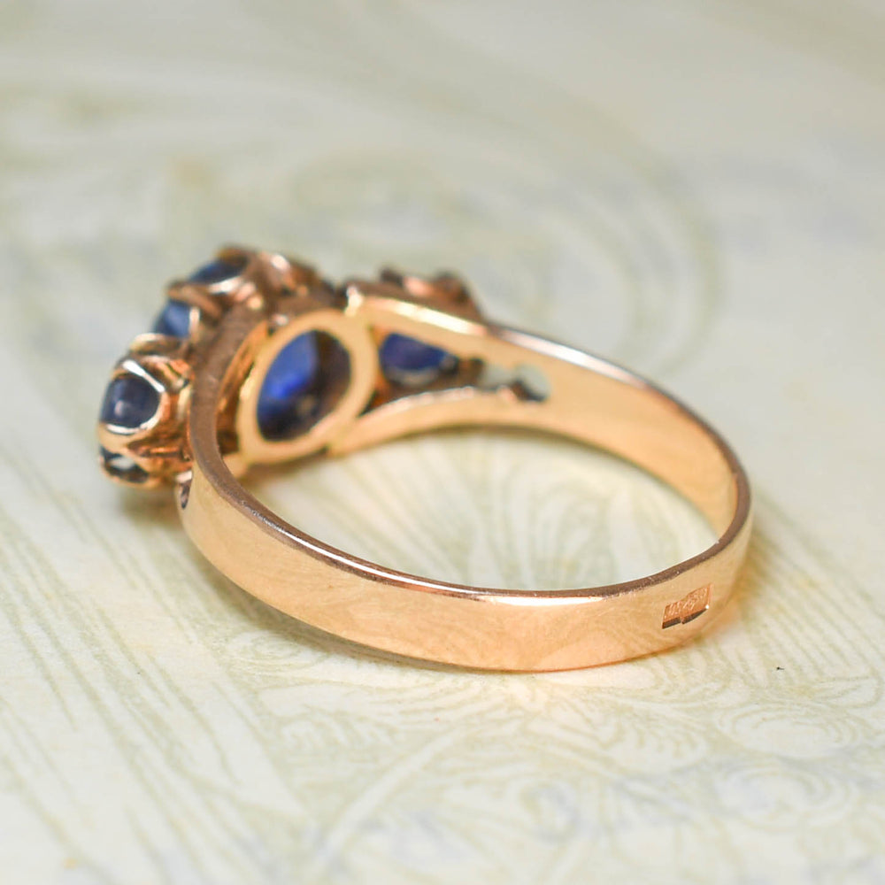 Vintage Blue Spinel 3-Stone Rose Gold Ring