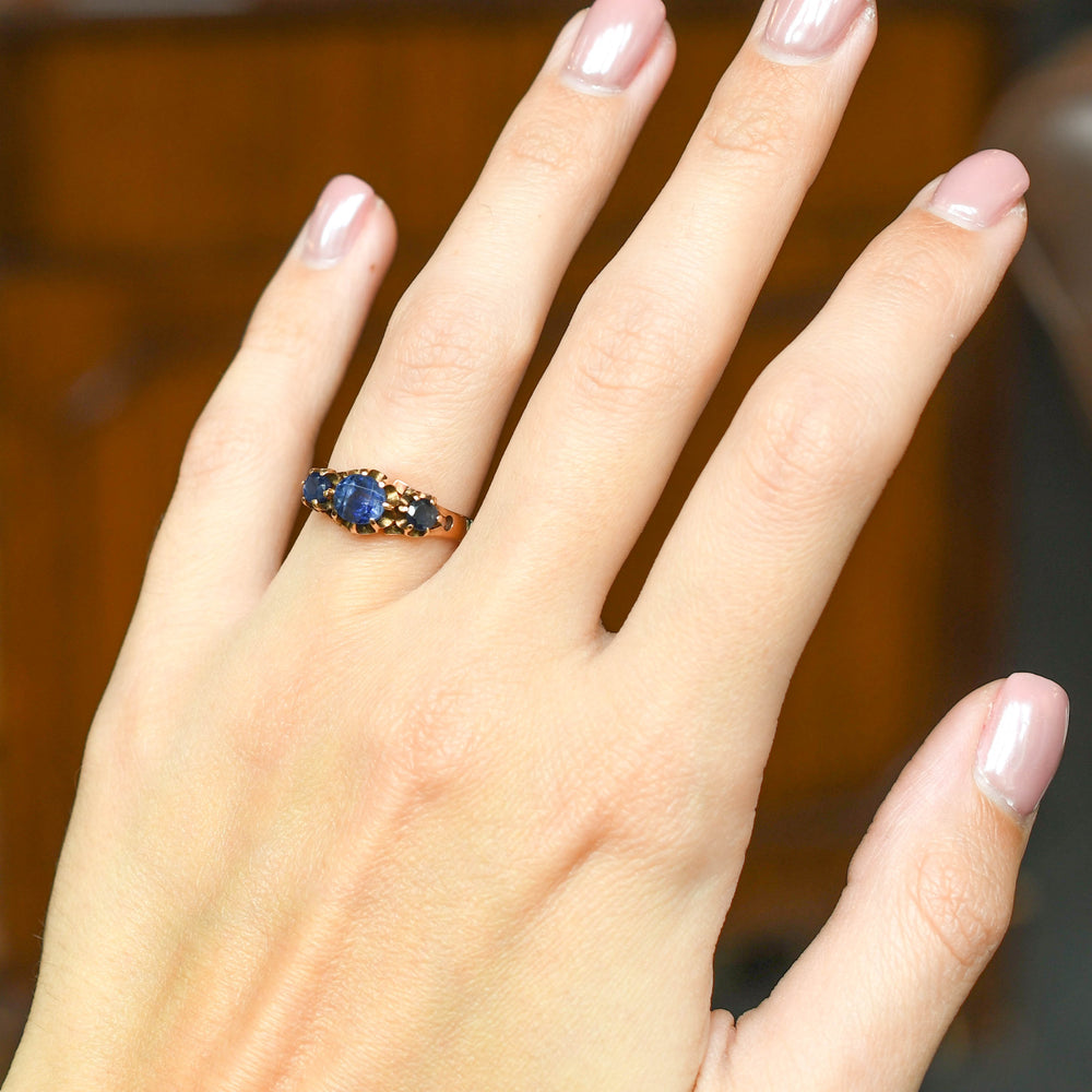 Vintage Blue Spinel 3-Stone Rose Gold Ring