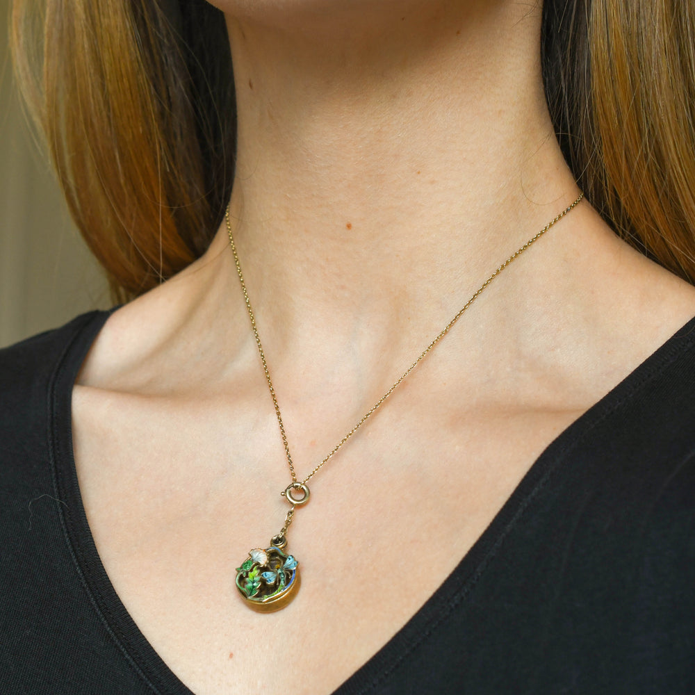 Art Nouveau Dragonfly Flower Enamel Vinaigrette Pendant