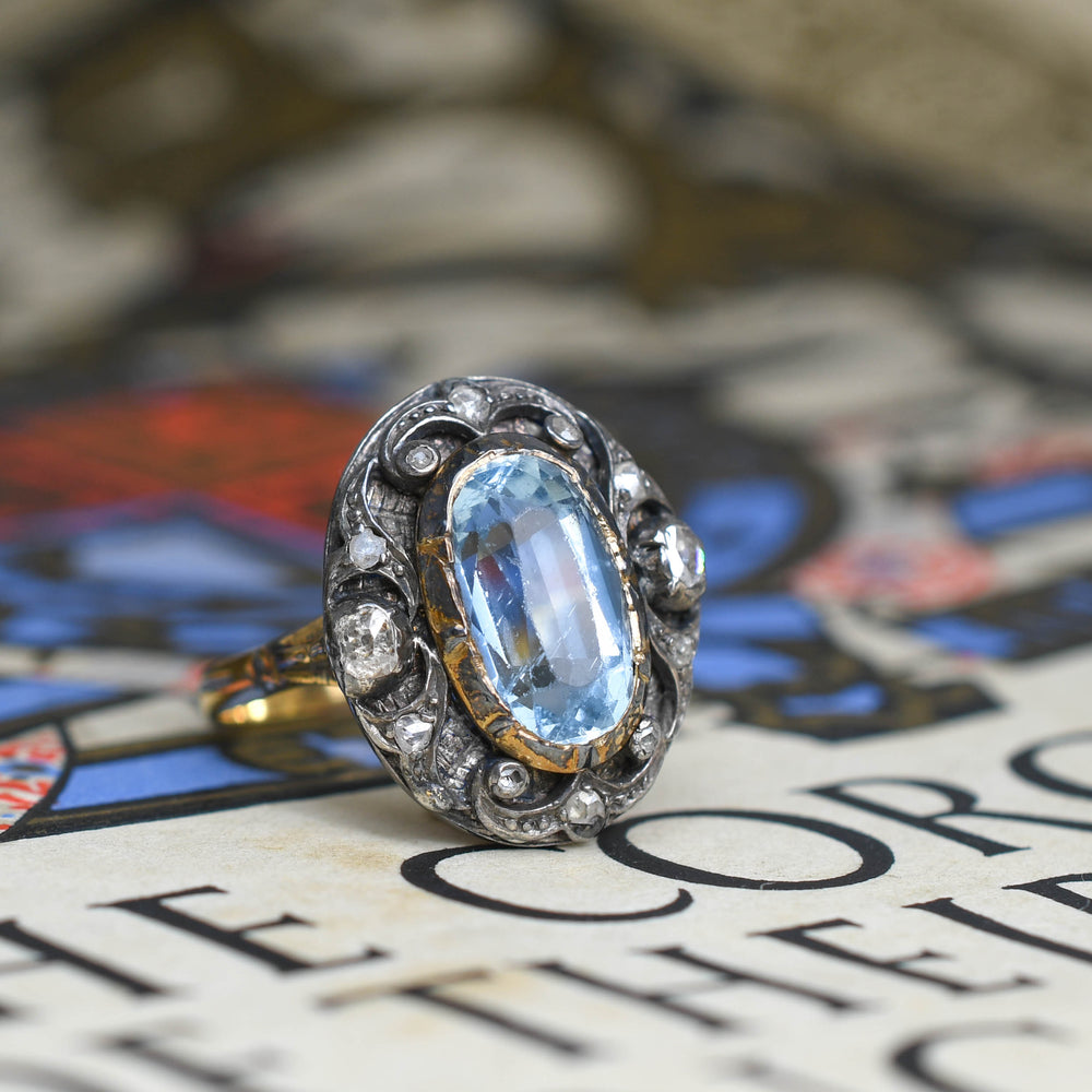 Georgian Oversized Aquamarine & Diamond Cluster Ring