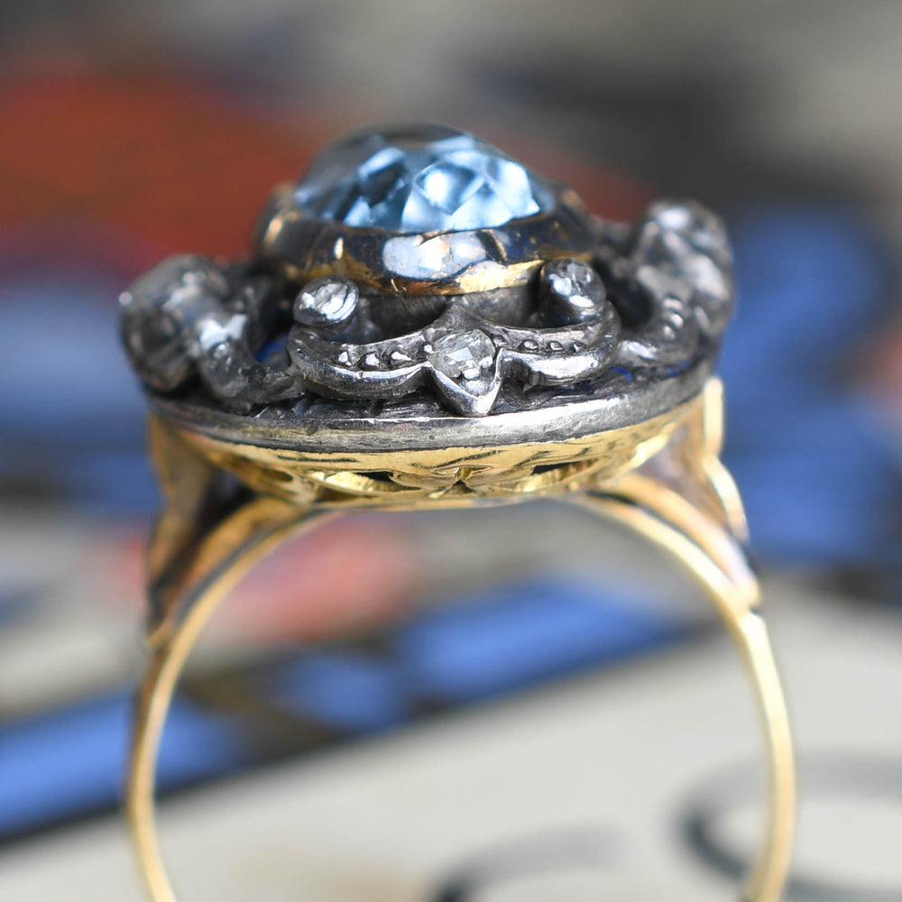 Georgian Oversized Aquamarine & Diamond Cluster Ring