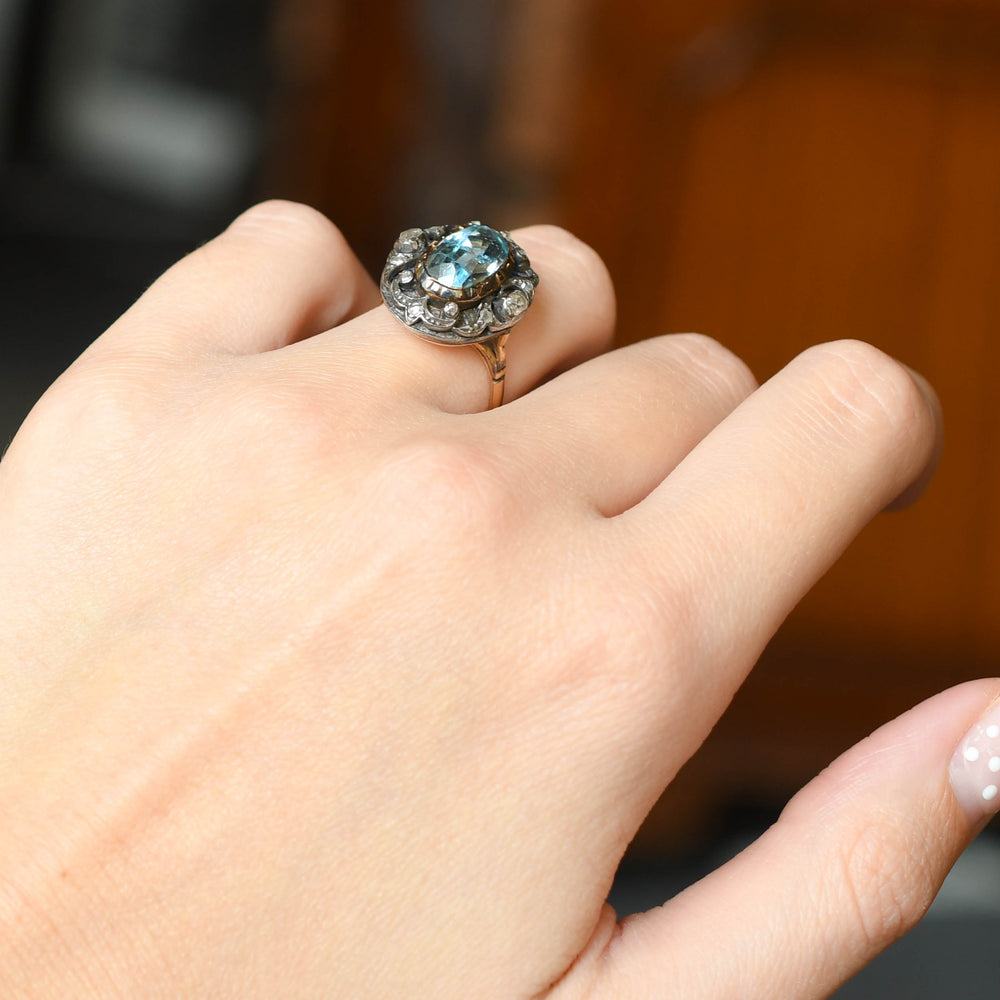 Georgian Oversized Aquamarine & Diamond Cluster Ring