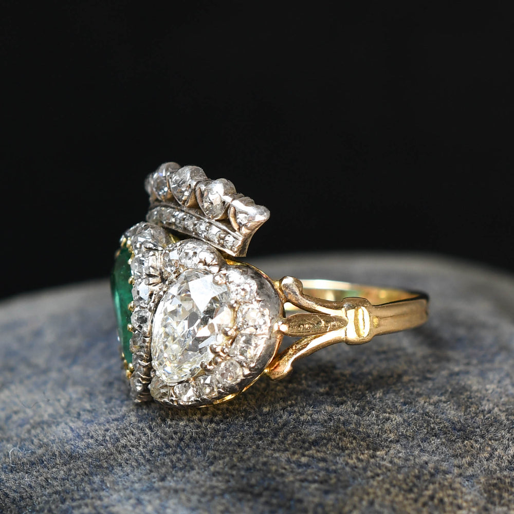 Exceptional Antique Emerald & Diamond Double Heart Ring
